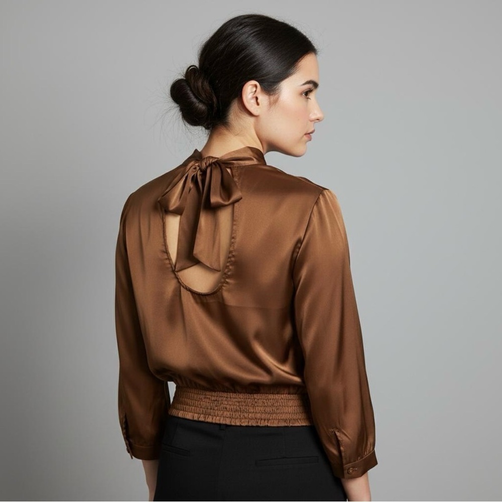 Monteau Los Angeles High Neck Copper Long Sleeve Open Tie Back Blouse Size Large